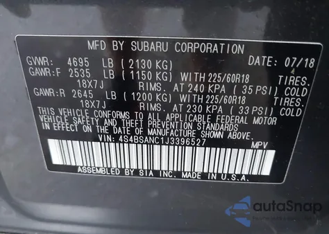 2018 Subaru Outback 2.5I Limited z USA, uszkodzony, nr VIN 4S4BSANC1J3396527